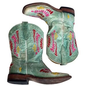 Corral Kids Turquoise Leather Butterfly Embroidered Western Boots Square Toe 1.5